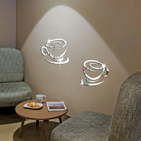 Adesivo Da Parete Tazza Di Caffè Specchio Acrilico Moderno 3D Autoadesivo Decalcomania Per Cucina Ristorante Casa