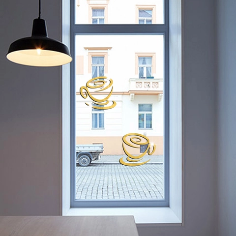 Adesivo Da Parete Tazza Di Caffè Specchio Acrilico Moderno 3D Autoadesivo Decalcomania Per Cucina Ristorante Casa