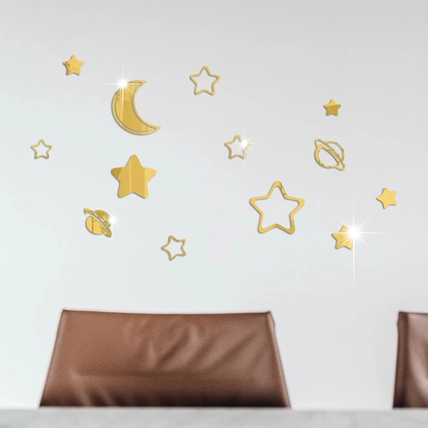 3D Acryl Spiegel Wandsticker Sterne Mond Planet DIY Selbstklebend Kunst Deko Für Kinderzimmer Schlafzimmer Haus Wanddeko