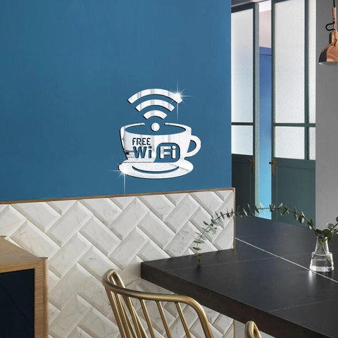 Adesivo da Parete Creativo Specchio 3D in Acrilico Tazzina da Caffè WiFi Insegna per Bar Ristorante Targa Decorativa Superficie Specchiata