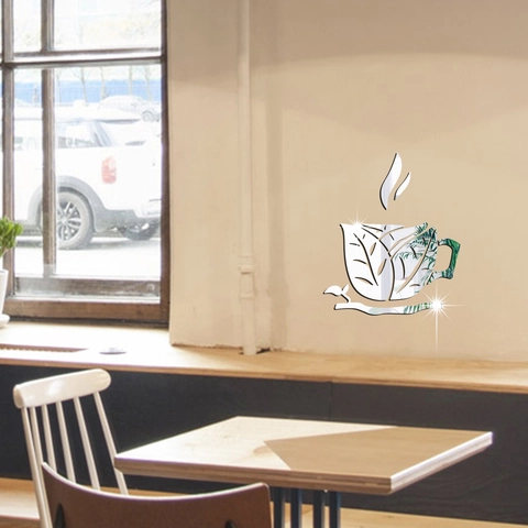 Acrylic Mirror Wall Sticker Coffee Cup Leaf Pattern Self Adhesive Mirror Decals For Kitchen Dining Room Cafe Wall Decor