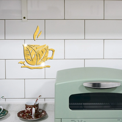 Acrylic Mirror Wall Sticker Coffee Cup Leaf Pattern Self Adhesive Mirror Decals For Kitchen Dining Room Cafe Wall Decor