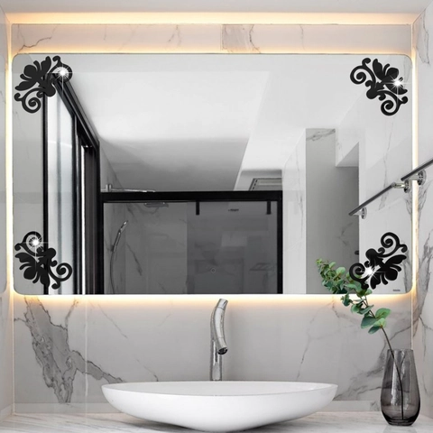 Adesivi Murali a Specchio in Acrilico Design Floreale Europeo Decorazione Angolare Autoadesiva Impermeabile per Armadio Specchio
