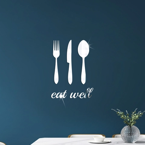 Autocollant Mural Miroir Acrylique Couverts Fourchette Couteau Cuillère Eat Well Auto-Adhésif 3D Décor Pour Cuisine Restaurant Maison