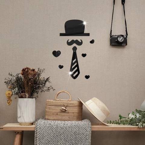 3D Acrilico Specchio Adesivo Murale Set Gentleman Cappello Baffi Cravatta Cuore DIY Autoadesivo Specchio Decoro per Casa