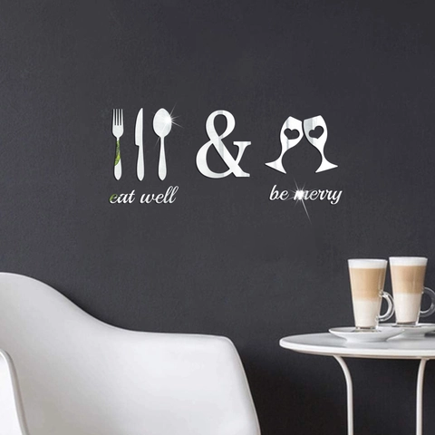 Acrylic Mirror Wall Sticker Set Eat Well Be Merry Slogan With Cutlery And Wine Glass Pattern For Kitchen Dining Room Decor