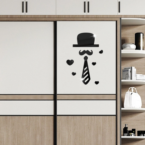 3D Acrilico Specchio Adesivo Murale Set Gentleman Cappello Baffi Cravatta Cuore DIY Autoadesivo Specchio Decoro per Casa
