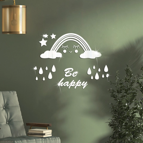 Wolke Regenbogen Acryl Spiegel Wandaufkleber 3D DIY Cartoon Stern Regentropfen Be Happy Wandtattoo Für Kinderzimmer Schlafzimmer