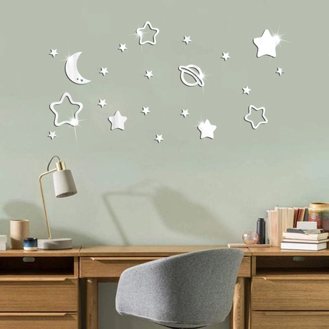 Adesivi Murali Specchio Acrilico Stelle Luna Fai da Te Pianeti Celesti Decorazione per Camera Bambini Soggiorno Arte Murale
