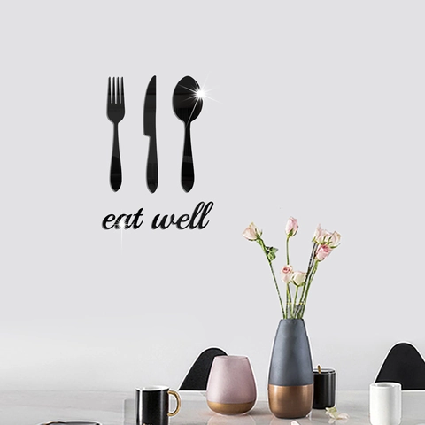 Autocollant Mural Miroir Acrylique Couverts Fourchette Couteau Cuillère Eat Well Auto-Adhésif 3D Décor Pour Cuisine Restaurant Maison