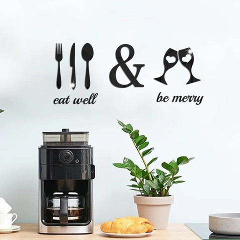 Acrylic Mirror Wall Sticker Set Eat Well Be Merry Slogan With Cutlery And Wine Glass Pattern For Kitchen Dining Room Decor