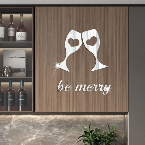 Mirror Acrylic Heart Wine Glass Wall Sticker be merry Lettering For Kitchen Dining Room Restaurant Home Decor Ornament