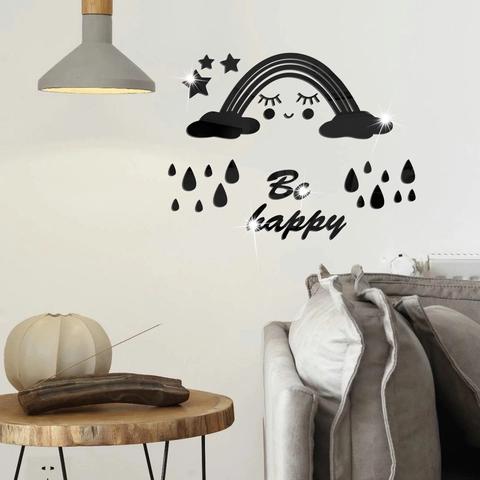 Wolke Regenbogen Acryl Spiegel Wandaufkleber 3D DIY Cartoon Stern Regentropfen Be Happy Wandtattoo Für Kinderzimmer Schlafzimmer