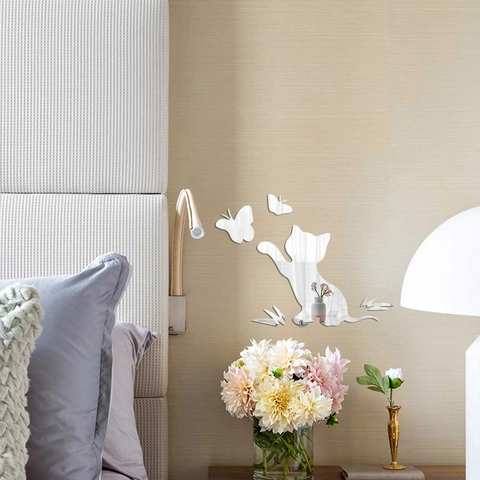 Pegatina de Pared Espejo Acrílico 3D Lindo Gato Mariposa DIY Removible Autoadhesivo Espejo Decoración Hogar Dormitorio
