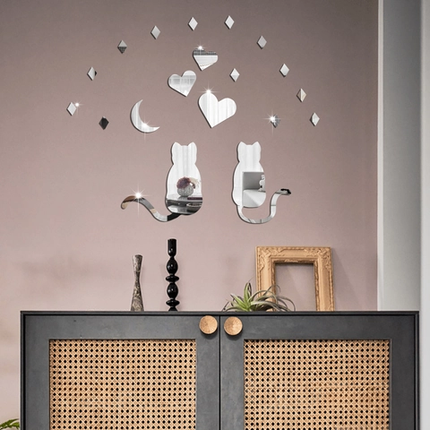 3D Spiegel Acryl Wandaufkleber Kreative Katze Mond Herz Form DIY Abnehmbare Reflektierende Aufkleber Für Schlafzimmer Deko