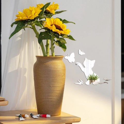 Pegatina de Pared Espejo Acrílico 3D Lindo Gato Mariposa DIY Removible Autoadhesivo Espejo Decoración Hogar Dormitorio