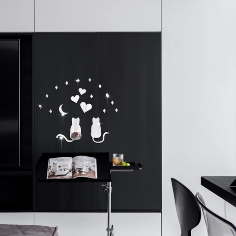 3D Spiegel Acryl Wandaufkleber Kreative Katze Mond Herz Form DIY Abnehmbare Reflektierende Aufkleber Für Schlafzimmer Deko