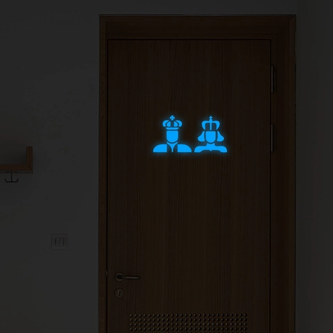 Adesivo Per Porta Del Bagno Fluorescente Re E Regina Corona Silhouette PET Impermeabile Decalcomania Da Parete Per Decorazione Bagno