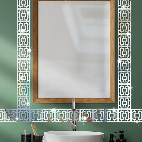 Hollow Geometric Mirror Acrylic Wall Stickers Chinese Style Mirror Surface Waterproof DIY Decor For Living Room Bathroom