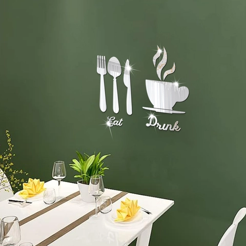 Modern Eat Drink Letter Mirror Wall Sticker With Cutlery Coffee Cup Set 3D Acrylic Mirror Decal For Kitchen Restaurant Decor