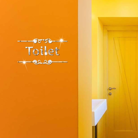 3D Acrylique Miroir Toilette Signe Sticker Mural Pour Salle de Bain Porte Moderne DIY Auto-adhésif Décoration Or Argent