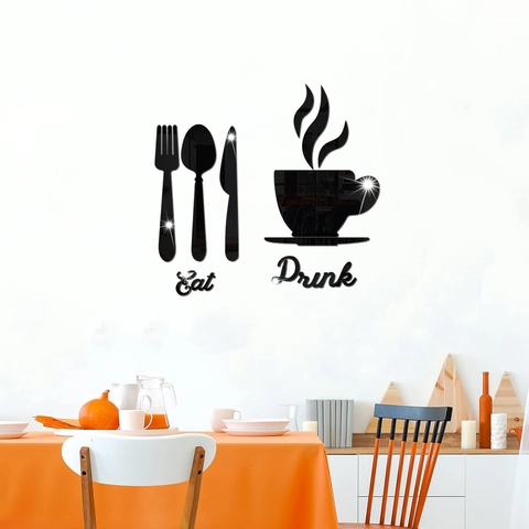 Modern Eat Drink Letter Mirror Wall Sticker With Cutlery Coffee Cup Set 3D Acrylic Mirror Decal For Kitchen Restaurant Decor