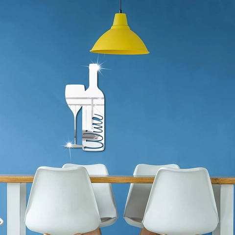 Adesivo da Parete 3D in Acrilico Specchiato Silhouette di Bottiglia e Bicchiere di Vino Decalcomania Rimovibile per Cucina Ristorante Bar Moderna Impermeabile
