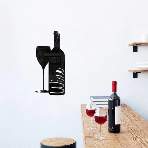 Adesivo da Parete 3D in Acrilico Specchiato Silhouette di Bottiglia e Bicchiere di Vino Decalcomania Rimovibile per Cucina Ristorante Bar Moderna Impermeabile