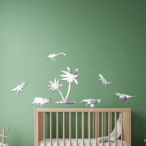 3D Acryl Dinosaurier Palme Spiegel Wandaufkleber Für Kinderzimmer DIY Spiegeloberfläche Abnehmbare Wandtattoos Dekoration
