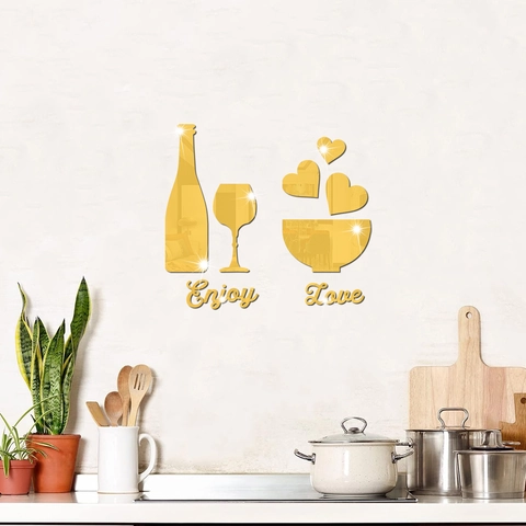3D Acrylic Mirror Wall Sticker Wine Bottle Glass Heart Enjoy Love Letters DIY Decal Home Restaurant Kitchen Background Decoration