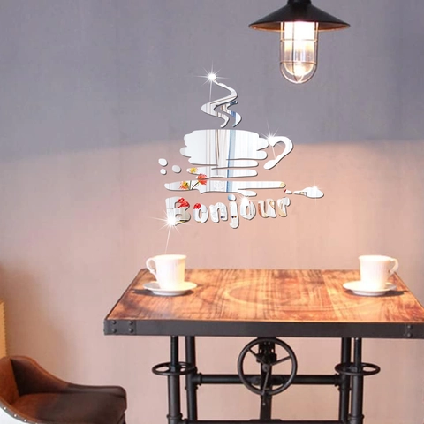 3D Acrylic Mirror Wall Sticker Coffee Cup Bonjour Slogan Decal For Kitchen Restaurant Home Decor Self Adhesive Lettering
