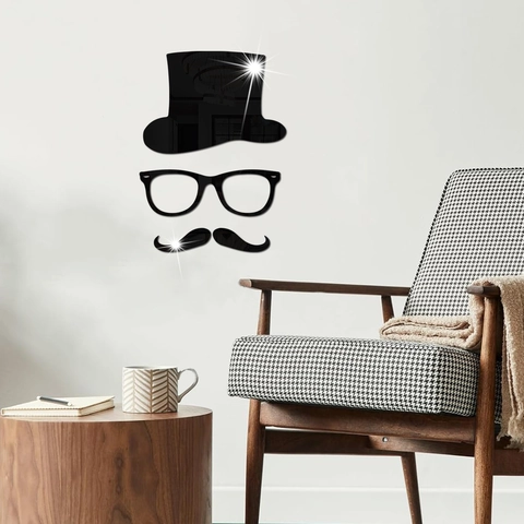 Set di Adesivi da Parete a Specchio in Acrilico Creativo Gentleman Mr Hat Baffi Occhiali Superfice a Specchio 3D Decorazione Casa