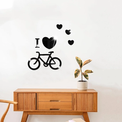 Adesivo da Parete Specchio in Acrilico 3D I Love Bicycle DIY Cuore Ciclo Decalcomania Rimovibile Decorazione Soggiorno