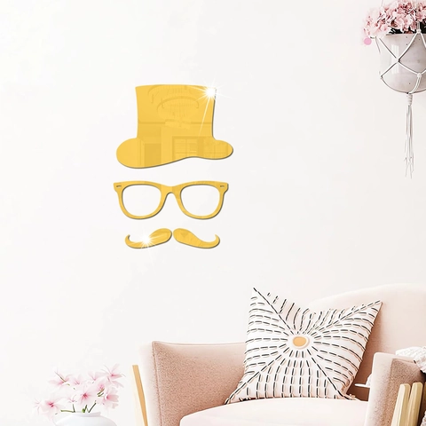 Set di Adesivi da Parete a Specchio in Acrilico Creativo Gentleman Mr Hat Baffi Occhiali Superfice a Specchio 3D Decorazione Casa