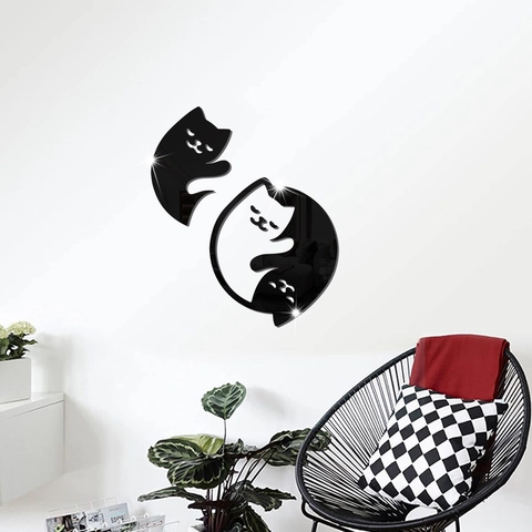Autocollants Muraux en Acrylique Miroir 3D Mignon Chat Yin-Yang Motif Animal Imperméable Amovible Miroir Mural Pour Salon Chambre Décor