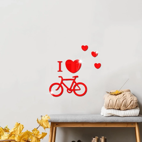 Adesivo da Parete Specchio in Acrilico 3D I Love Bicycle DIY Cuore Ciclo Decalcomania Rimovibile Decorazione Soggiorno