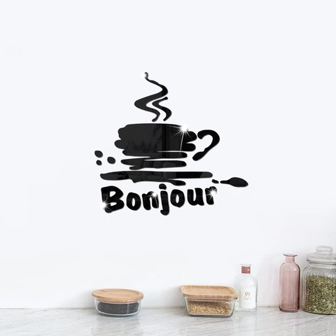 3D Acrylic Mirror Wall Sticker Coffee Cup Bonjour Slogan Decal For Kitchen Restaurant Home Decor Self Adhesive Lettering