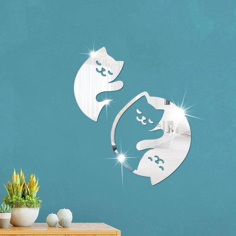 Autocollants Muraux en Acrylique Miroir 3D Mignon Chat Yin-Yang Motif Animal Imperméable Amovible Miroir Mural Pour Salon Chambre Décor