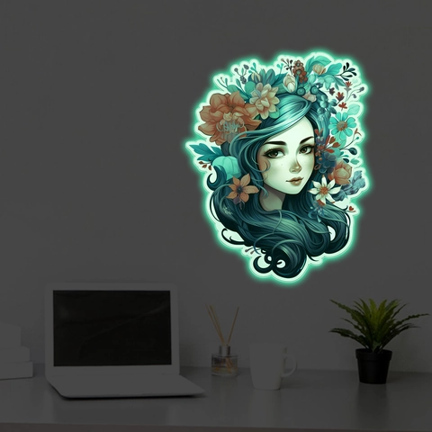 Leuchtende Nachtleuchtende Blumenmädchen Porträt PVC Selbstklebende Ästhetische Fluoreszierende Aufkleber Für Schlafzimmer