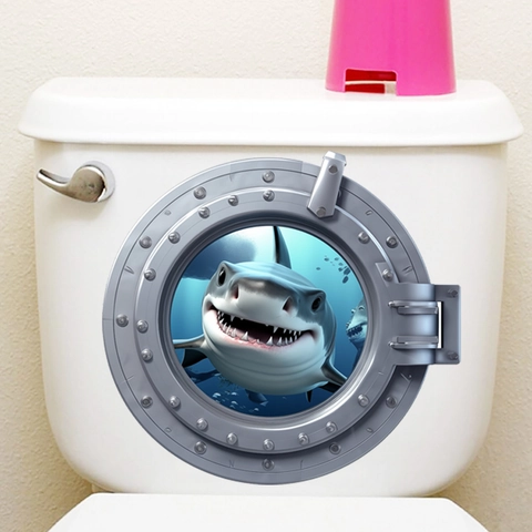 Calcomanía de Inodoro de Ojo de Buey de Tiburón 3D Etiqueta de Pared de PVC Impermeable Removible Decoración de Baño Océano