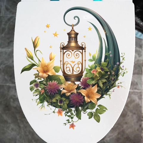 Kreativ Laterne Blume Toilettenaufkleber PVC Selbstklebend Wandtattoo Für Badezimmer Home Decor Künstlerisch Blumig Toilettensitz Aufkleber