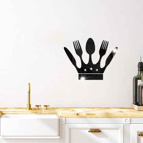Modern Acrylic Mirror Wall Sticker Crown Cutlery Design 3D Mirror Decal For Kitchen Dining Room Restaurant Wall Decor