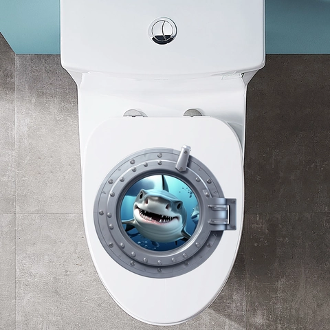 Calcomanía de Inodoro de Ojo de Buey de Tiburón 3D Etiqueta de Pared de PVC Impermeable Removible Decoración de Baño Océano