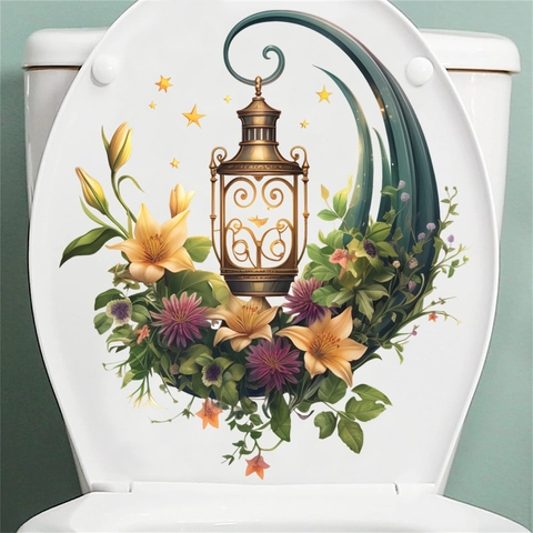 Kreativ Laterne Blume Toilettenaufkleber PVC Selbstklebend Wandtattoo Für Badezimmer Home Decor Künstlerisch Blumig Toilettensitz Aufkleber