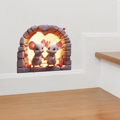 3D Mouse Hole Wall Sticker Cartoon Mice Holding Red Hearts In Stone Archway Removable PVC Decal For Home Corner Stairs Bedroom Decor