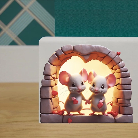 3D Mouse Hole Wall Sticker Cartoon Mice Holding Red Hearts In Stone Archway Removable PVC Decal For Home Corner Stairs Bedroom Decor