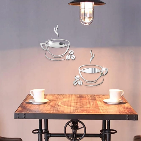 Adesivo da Parete Moderno Specchio Acrilico Tazza di Caffè DIY 3D Decalcomania Autoadesiva per Comedor Bar Casa