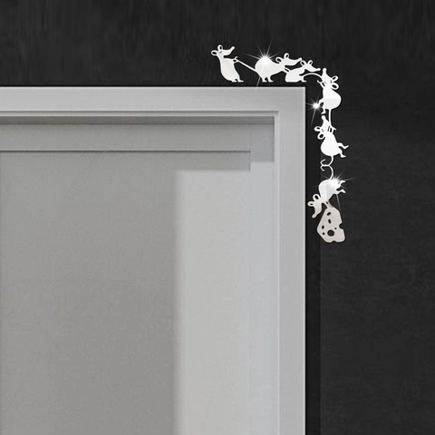 Creative Mirror Acrylic Wall Sticker Cute Mice Pulling Cheese Design Corner Decal For Door Bedroom Home Decoration