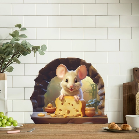 3D Mouse Hole Wall Sticker Creative Little Mouse Holding Cheese Waterproof PVC Wall Decal For Kitchen Bedroom Home Decor