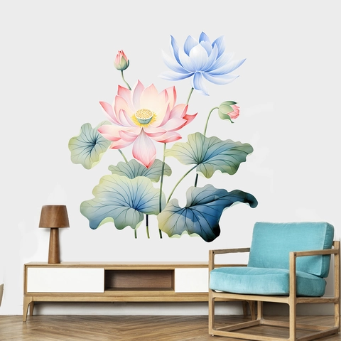Sticker Mural Lotus Aquarelle PVC Imperméable Mural Floral Style Chinois Art Pour Chambre Salon Décoration De Maison